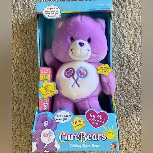 Nwt Vtg 2003 Care Bears Stuffed Purple Toy Bear + Cartoon Video Plush Animal - Picture 4 of 6
